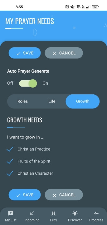 My profile settings for prayer